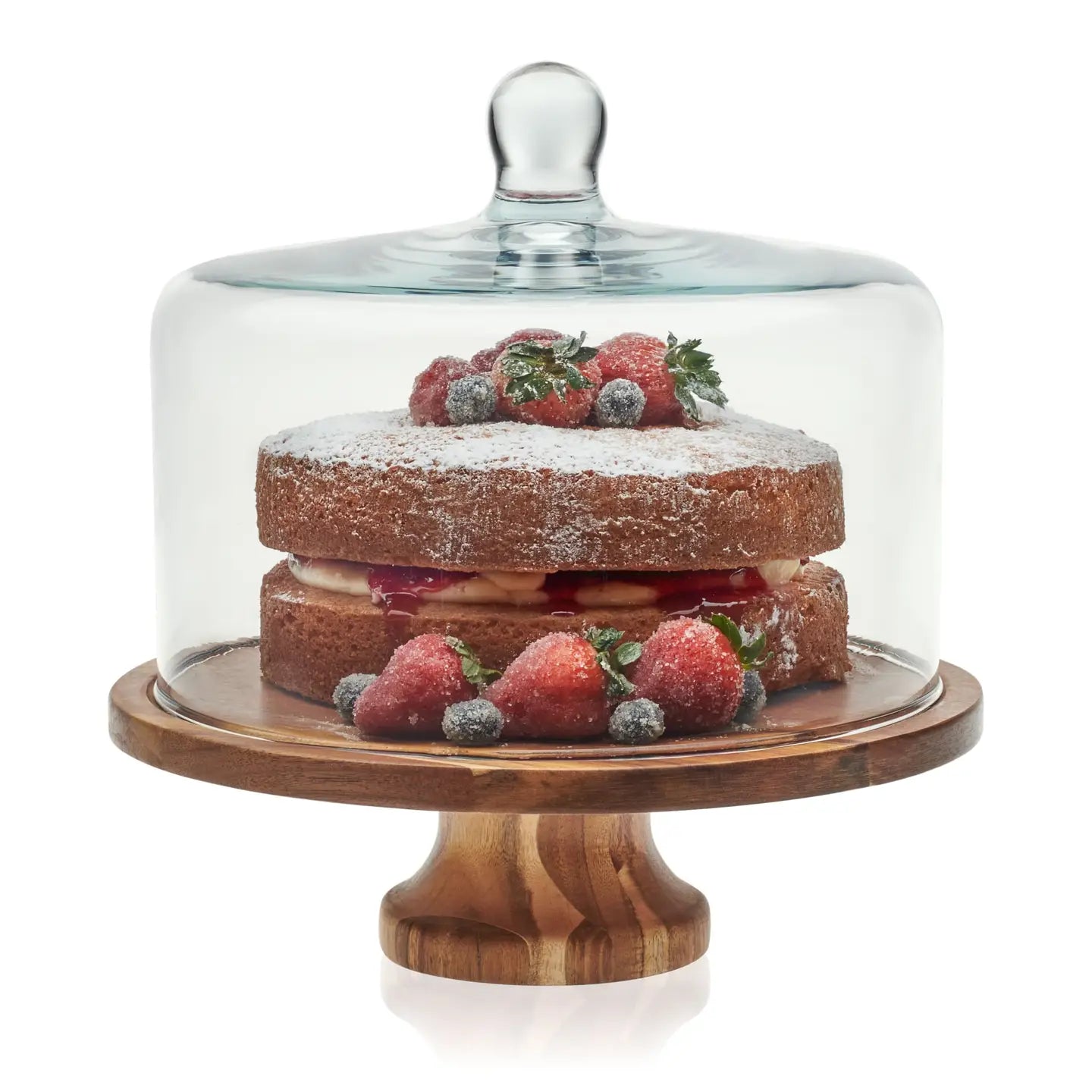 Acacia Round Wood Server Cake Stand with Glass Dome